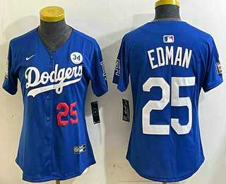 Womens Los Angeles Dodgers #25 Tommy Edman Number Blue 2024 World Series With Fernando 34 Fashion Limited Stitched Jersey